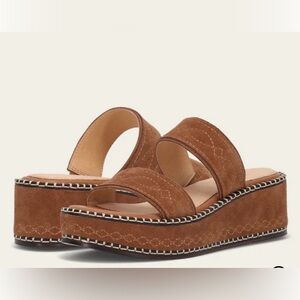 EUC FRYE Joy Woodstock 2 Band Platform Slide in Bark Suede/Leather Women’s 8
